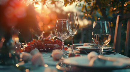  Dining Experience: Garden Party Table Setup with Fairy Lights, Greenery, and Natural Wooden Accents. Generative AI. - obrazy, fototapety, plakaty