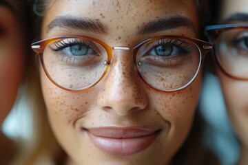 Detailed close-up of a person's face, focusing on the glasses and blurred face behind it