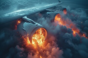 Illustrations of a passenger plane's wing with a burning jet engine, depicting aircraft disasters