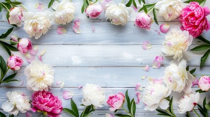 Peony flowers. Old grey wooden table background