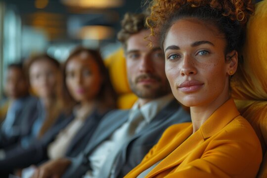 A side view of diverse business individuals seated, waiting for a flight in a modern airport lounge