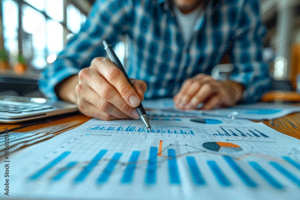 Aufkleber a sharp image of a businessman's hands pointing to key indicators on a financial report with a blue 