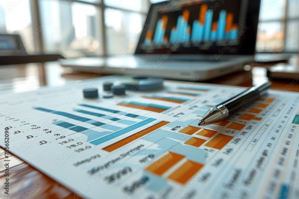 Poster an in-depth financial analysis represented through various colorful charts and graphs on a desk with