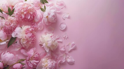 Beautiful peonies on pastel background top view