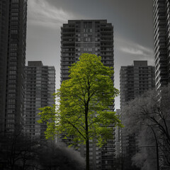 Obraz premium A monochrome city landscape around the tree in the center of composition with a vivid spring green breaking the pattern