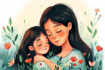 Portrait of happy mother and daughter, mother and child with a bouquet of blooming flowers. Mother's Day holiday card, concept. Family, love 