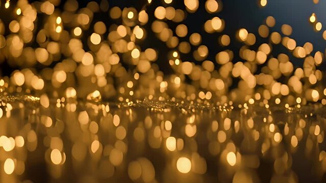 Golden glitter background with gold particles flying on black