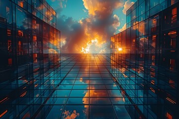 A breathtaking view of the sunset reflecting off the glass facade of a modern skyscraper,...