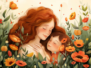Portrait of happy mother and daughter, mother and child with a bouquet of blooming flowers. Mother's Day holiday card, concept. Family, love 