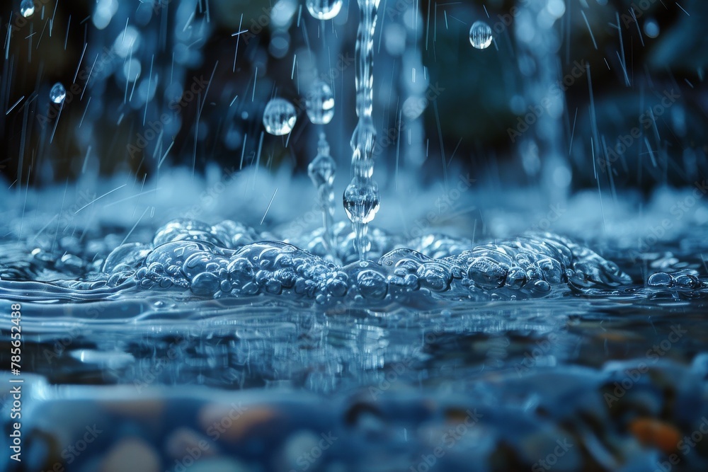 Poster macro shot capturing the dynamic splash of raindrops onto a pebbled surface, highlighting the power 