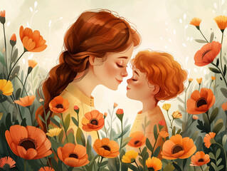 Portrait of happy mother and daughter, mother and child with a bouquet of blooming flowers. Mother's Day holiday card, concept. Family, love 