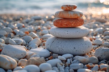 Fototapeta na wymiar Zen stone stack on a sunlit pebbly beach, portraying balance, peace, and harmony during a sunrise with soft light