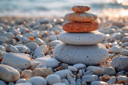 Zen stone stack on a sunlit pebbly beach, portraying balance, peace, and harmony during a sunrise with soft light