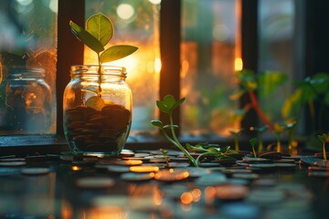 A small plant sprouts from a glass jar filled with coins, symbolizing financial growth, savings, and investment against a backdrop of warm sunlight - Powered by Adobe