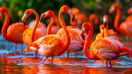 Flamingos gathered at water's edge - obrazy, fototapety, plakaty