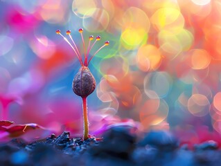 Close-up of a strange metallic seed sprouting nano-wires, amidst a colorful bokeh effect, emphasizing the oddity of nano growth