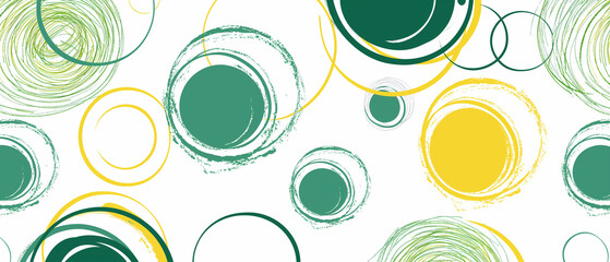 Abstract green circles pattern seamless on white fabric background. Modern simple overlap circle shape texture creative design with yellow circle lines decoration, Trendy minimalistic background