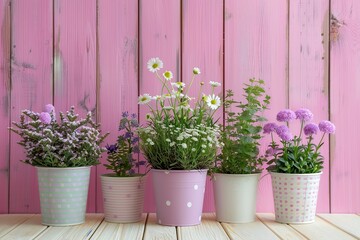 Different flowers in pots on wooden table