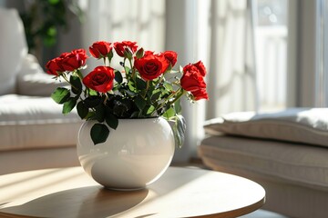 Bouquet of red rose flowers in flowerpot on table in living room