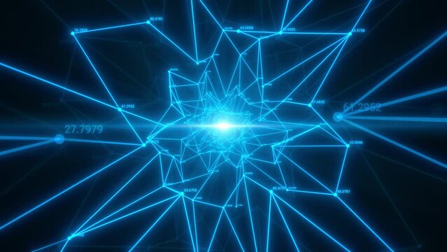 Moving through a futuristic grid. Abstract background in blue neon glow color. Concept of high speed network, network, big data, machine learning and artificial intelligence. Seamless loop animation.