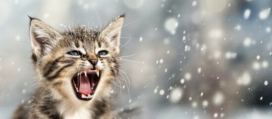 angry kitten in the winter outside with snow snowing on the ground.  - obrazy, fototapety, plakaty