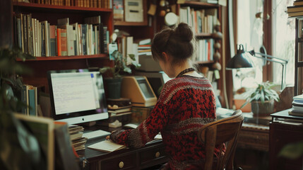 Woman concentrating on her computer screen, surrounded by books in a cozy home office - obrazy, fototapety, plakaty