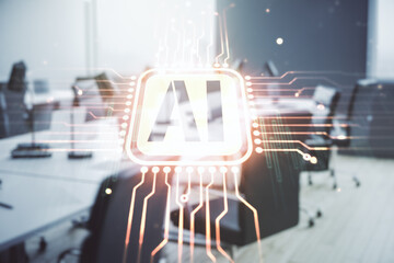 Double exposure of creative artificial Intelligence abbreviation hologram on a modern furnished...