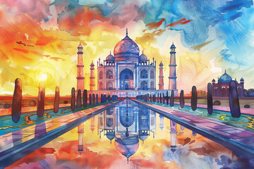 A painting of the Taj Mahal with a blue sky and a red sun - obrazy, fototapety, plakaty