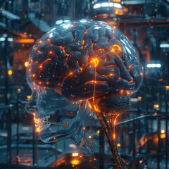 3D image of a brain that integrates organic and robotic elements in a sci-fi theme.