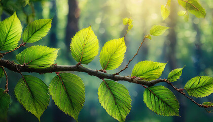 Close-up of green leaves on tree branch. Beautiful nature.