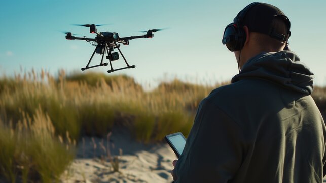 Man flying a drone with headphones in a grassland field