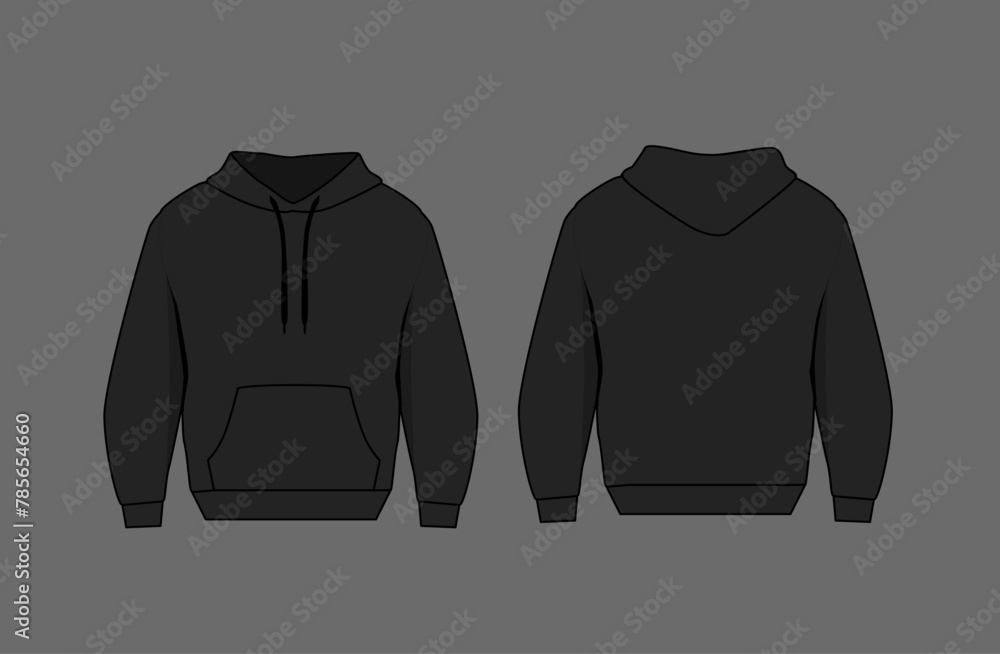 Wall mural Basic black hoodie mockup. Front and back view. Blank textile print template for fashion clothing. - Wall murals