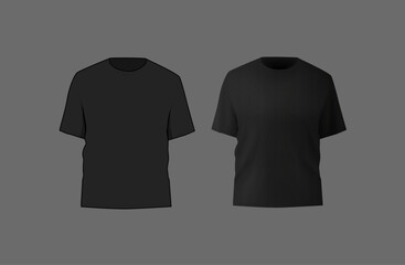 Basic black t-shirt mockup. Front and back view. Blank textile print template for fashion clothing.