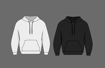 Basic black and white hoodie mockup. Front and back view. Blank textile print template for fashion clothing.