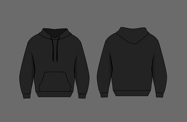 Basic black hoodie mockup. Front and back view. Blank textile print template for fashion clothing.