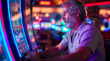 Fototapeta premium Senior Man Playing Slot Machines in Las Vegas Casino at Night