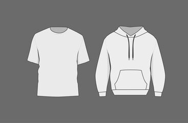 Basic white t-shirt and hoodie mockup. Front and back view. Blank textile print template for fashion clothing.