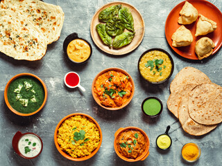 Indian food and indian cuisine dishes, top view