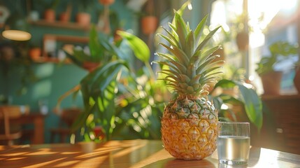 Pineapple on Wooden Table Next to Glass