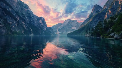 A peaceful lake with a mirror-like surface reflecting the surrounding mountains, while a partly cloudy sky enhances the beauty of the tranquil and harmonious landscape. - obrazy, fototapety, plakaty