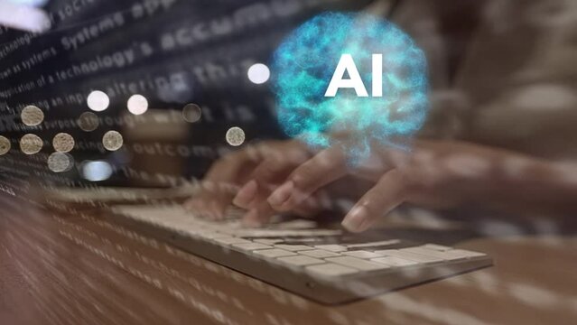 business woman uses brain AI artificial intelligence brain on big data matrix Animation Big Data Processing, Science, Generative technology, commands, prompts