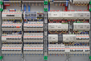An electric switchboard with modules for protection and control of electrical loads, mounted on din rails.