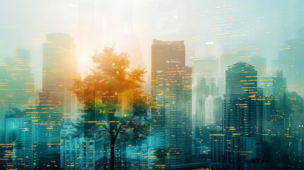 Panoramic cityscape with double exposure overlay of green forest