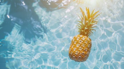 A pineapple floating on the water of a pool top view