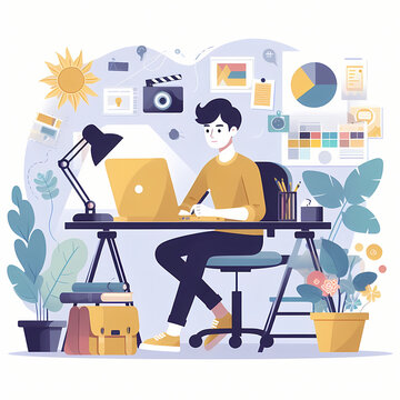 recommend clip art: A man illustration sitting at a Office Desk working with a computer white background