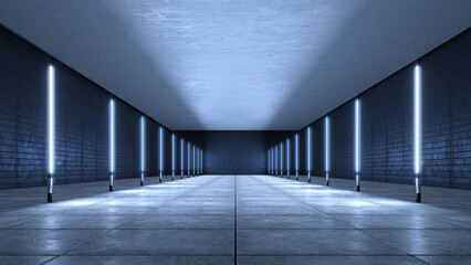 A corridor of black brick walls and long electric lamps. 3d rendering