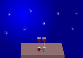 Two glasses of wine and a rose against the night sky