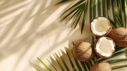 Fototapeta na wymiar Coconuts and tropical palm leaves, overlay shadow. Summer top view
