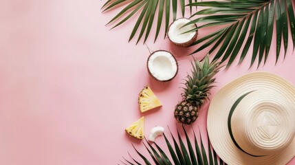 Tropical Summer Composition with Palm Leaves, Hat, fruits, Pastel Background top view
