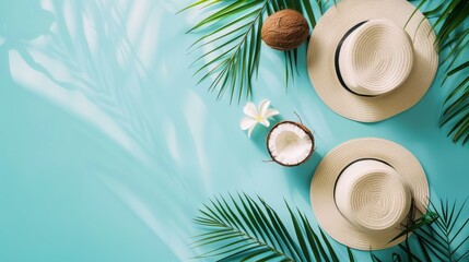 Tropical Summer Composition with Palm Leaves, Hat, fruits, Pastel Background top view